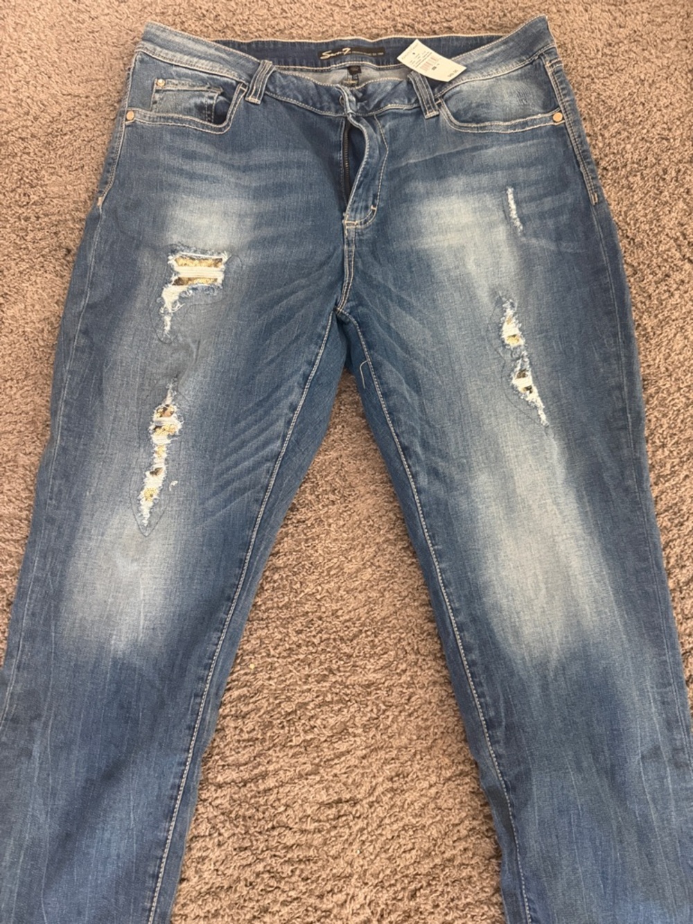 Seven7 Light Blue Distressed Skinny Jeans with Gold Sequin Patch
